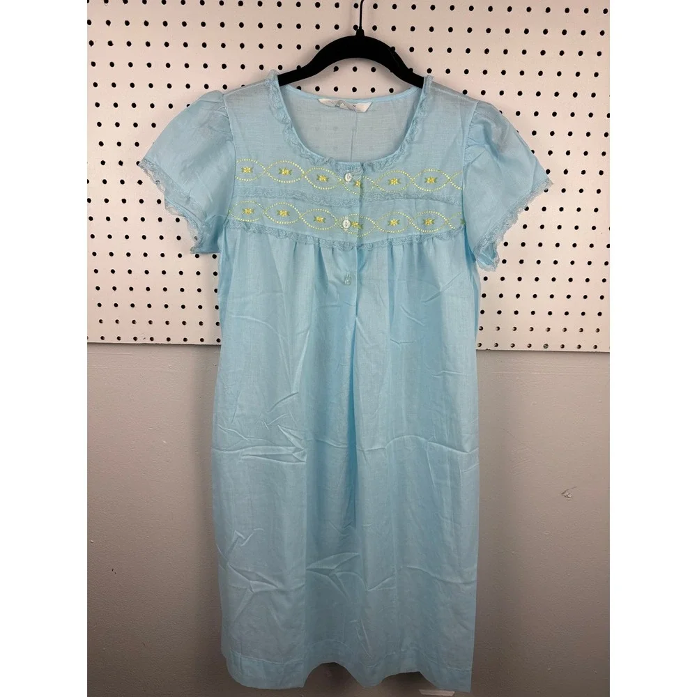 Vtg Katz Blue House Dress Embroidered Lace Puff‎ Sleeve Cottagecore Grannycore